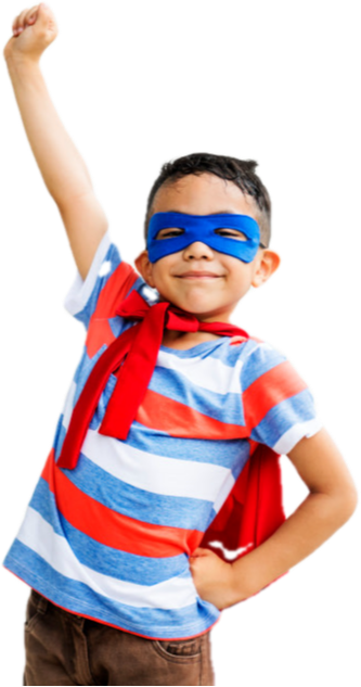 menino, criança, fantasiado de super-herói, apontando o braço para o alto